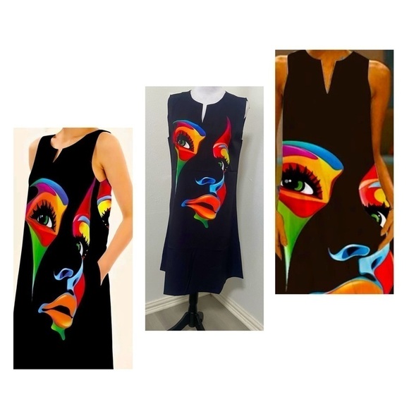 None Dresses & Skirts - Sleeveless Abstract Face Print Midi Dress - Loose Fit, V-Neck Black Lightweight